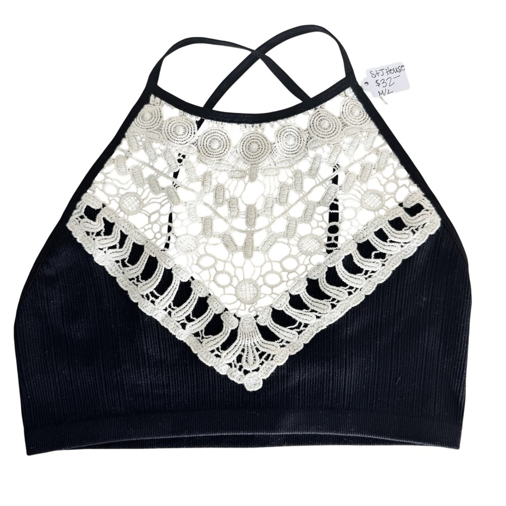 Halter Crop Crochet Lace Top Black White NWT Small/Med Boutique Festival Boho